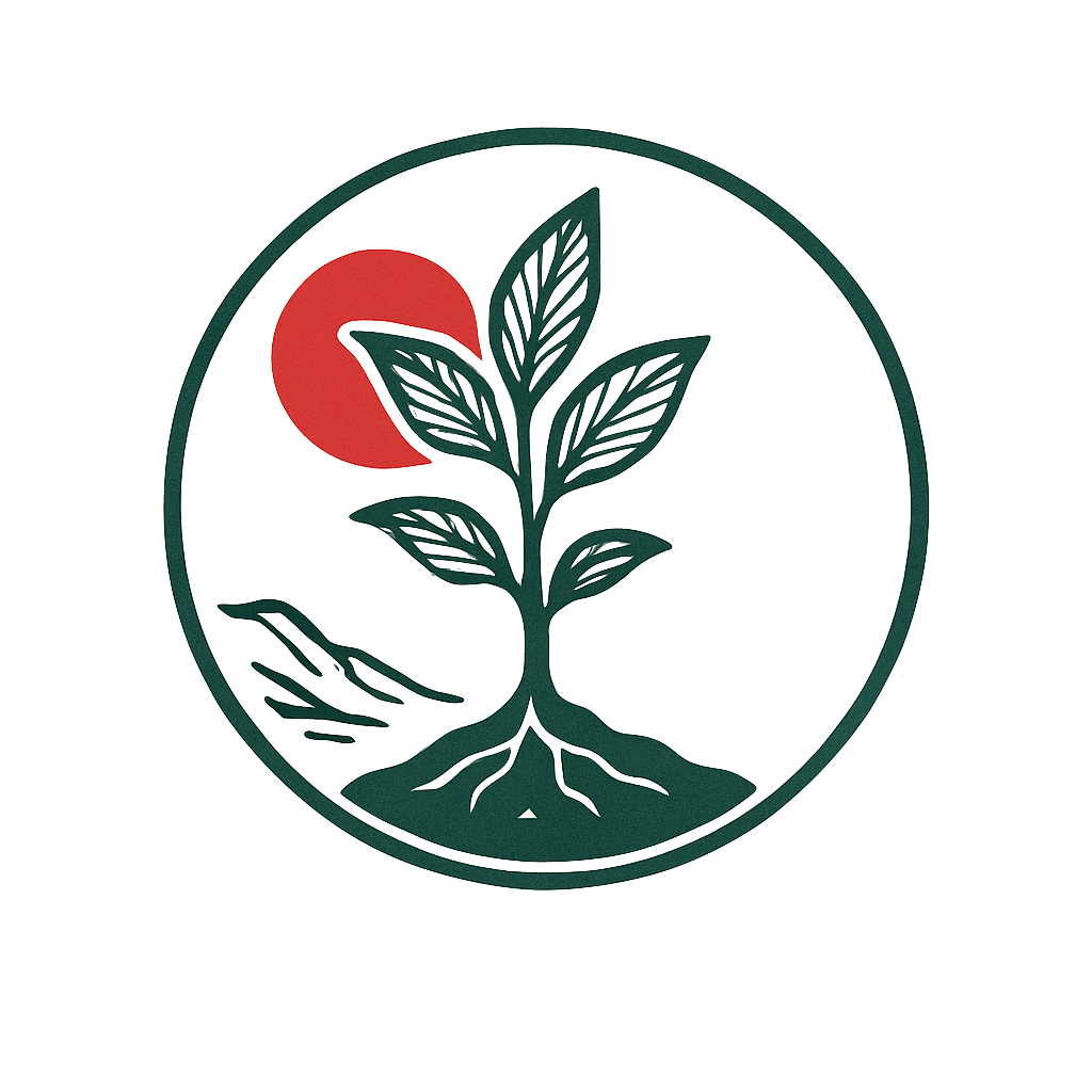 A minimalist logo of a plant with roots and a sun, in a circle, linocut style, dark green and red on a cream background
